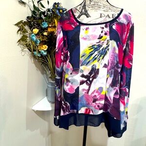 Valerie Stevens Floral Nylon Trimmed Bell Sleeved Long Sleeve Blouse size L